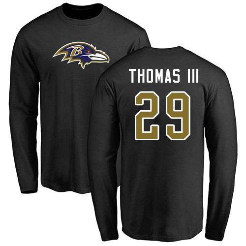 Men Baltimore Ravens Black Earl Thomas III Name and Number Logo NFL Football #29 Long Sleeve T Shirt->nfl t-shirts->Sports Accessory